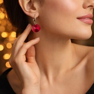 Stainless Steel Ruby Red Crystal Drop Earrings Faceted Round Statement Jewelry